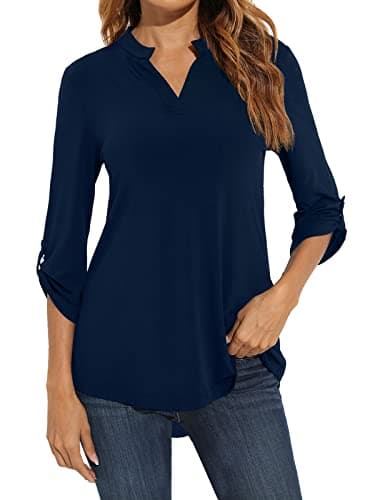 Zattcas Womens Floral Printed Tunic Shirts 3/4 Roll Sleeve Notch Neck Tunic Top,Solid Navy,Medium