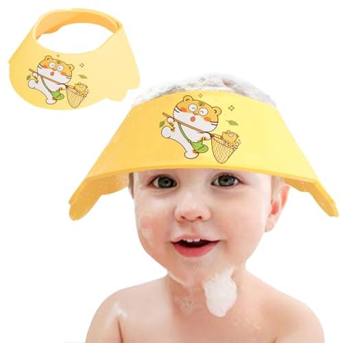 HOOYEE Baby Shower Cap Shield, Soft Adjustable Kids Bath Visor Hat Shampoo Washing Hair Protection Cartoon for Toddler children (Yellow Tiger)