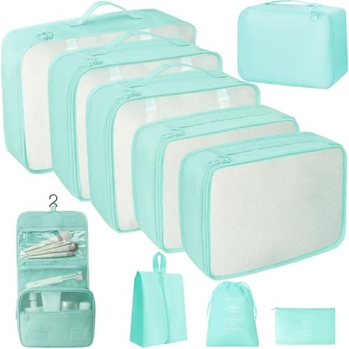 10 Pcs Set Packing Cubes For Travel Expandable Packing Organizers Luggage Organizers Bags Essentials Packing Cubes For Suitcases Travel Accessories(BRIGHT CYAN)