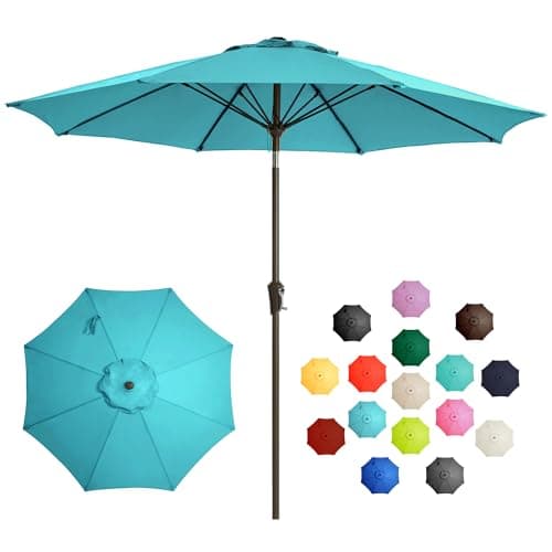 LOUNZY 9FT Large Outdoor Patio Umbrella Table Umbrella-UV Resistant,Easy Push Button Tilt and Crank,8 Sturdy Fiberglass Ribs Pool Umbrella for Patio,Backyard,Deck,Yard,Market,Light Blue