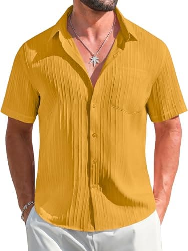 GIANZEN Gold Yellow Dress Shirt Men Shirts for Mens Button Down Guayabera Beach Hawaiian Short Sleeve Cuban Vacation Casual Summer up Men's Aloha Gold XL