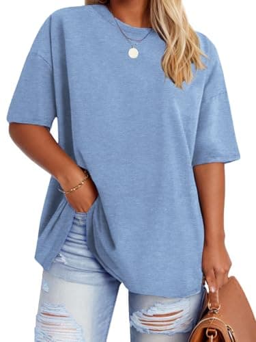 Woman Plus Size Tops Summer Short Sleeve Tees Casual Flowy T Shirts 2026 Light Blue XL