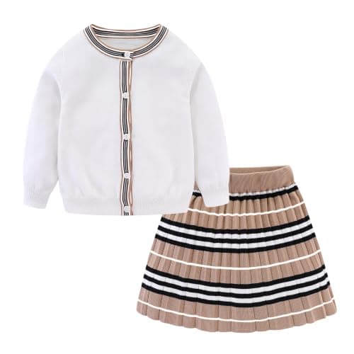 Mud Kingdom 2 Piece Skirt Set for Toddler Girls Ribbed Knit Sweater Cardigan Pleated Skirt Outfits White 4T