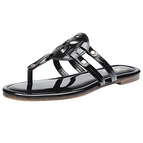 Athlefit Womens Flat Sandals Leather Dressy Slip on Comfortable Flip Flops Thong Beach Black Sandal Dressy Size 9.5