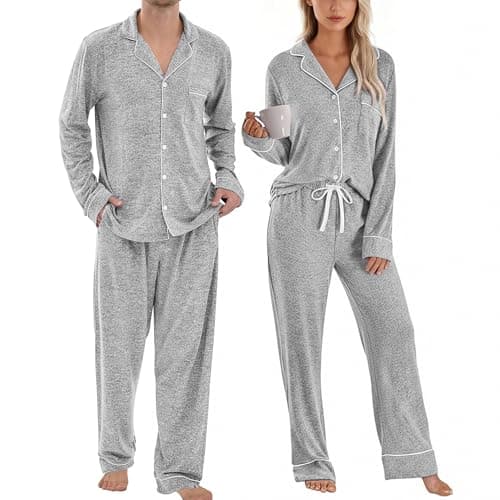 PJGGZ Matching Pajamas for Couples, Button Down Loungewear Soft Warm Long Sleeve Sleepwear His and Hers Pajamas Sets(Women,Light Grey,XL)