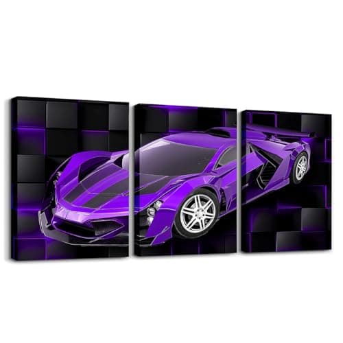 Feelyou Purple Race Car Picture Wall Decor 12"x16" 3 Piece Speed Sports Car Canvas Wall Art Decor Geometric Honeycomb Office Wall Decorations Artwork Posters Extreme Sports Wall Painting