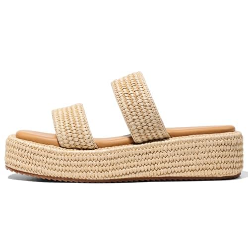 Erocalli Espadrille Platform Sandal Open Toe Brown Wedge Sandals Cute Dressy Summer Beach Raffia Flatform Comfortable Slides Work Shopping Two Straps