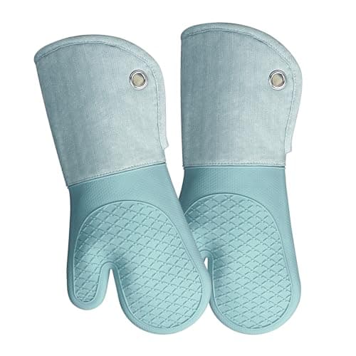 Professional Microwave Silicone Oven Mitts one Pair, Kitchen Mitten Set for Heat Resistant with 500 Degrees, Kitchen Gloves Pot Holder for BBQ Cooking Baking (Light Blue)