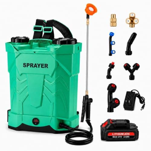 Battery Powered Backpack Sprayer 5.3 Gallon, 21V Electric Garden Sprayer with 100 PSI, 8 Nozzles, Stainless Steel Wand, Up to 30FT Horizontal Reach with Brass Jet Nozzle