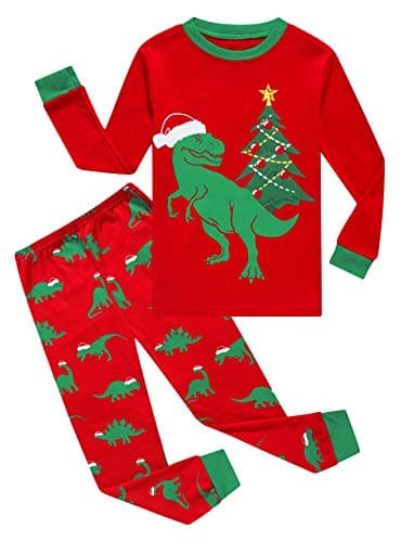 KikizYe Christmas Dinosaur Little Boys Long Sleeve Pajamas Kids Dinosaur Cotton Holiday Sleepwears Size 7