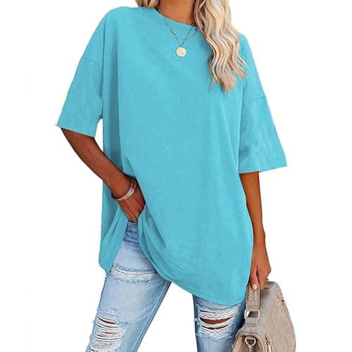 Spring Outfits for Women 2025 Womens Oversized T Shirts Crew Neck Tees Short Sleeve Cozy Comfy Tunic 2025 Y2K Tops Casual Pullover Blue Sky
