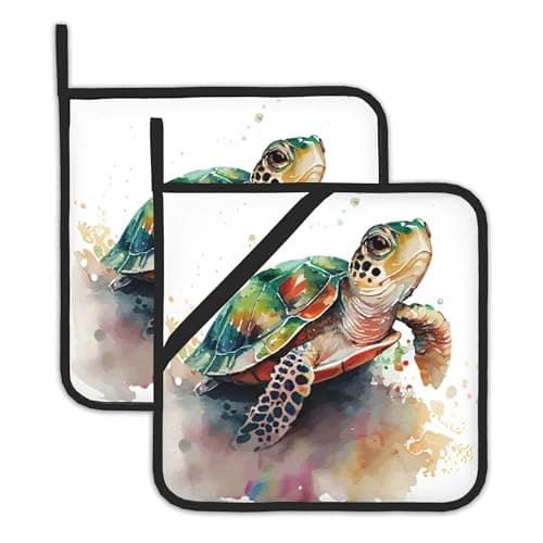 2PCS Turtle Watercolour Pot Holder with Loop,Heat Resistant Oven Pads,Hot Pat for Kitchen Cooking Baking Food