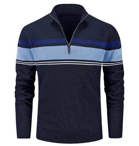 Fall Sweater Golf Pullover Sweater for Man Mens Sweater Half Zip Up Basic Thermal Sweater Multi-Color Striped Tops Fall Winter Sweaters Golf Pullover