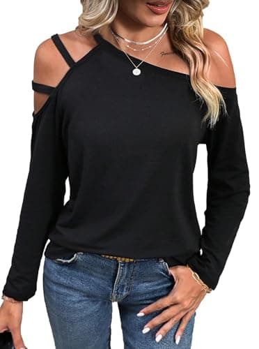 LilyCoco Womens Off Shoulder Tops Long Sleeve Cut Out Solid Shirts Black Medium