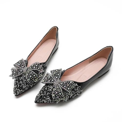 QXCGDYXT Black Women's Rhinestone Flat Shoes Fashion Pointed Toe Bow Ballet Flats Wedding Flats for Women Comfortable Dress Shoes Size - 10.5