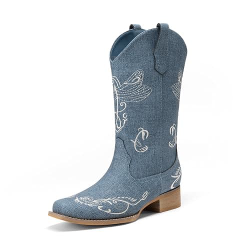 DREAM PAIRS Women's Square Toe Cowboy Cowgirl Boots Pull On Low Chunky Heel Mid Calf Western Boots with Embroidered Stitched for Theme Party Country Concert,Size 6.5,Denim Blue,SDMB2220W