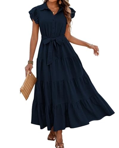 dowerme Women's Summer Casual Dresses 2025 Cap Ruffle Sleeve V Neck Button Belted Tiered Boho Maxi Dress with Pockets(Navy,Medium)