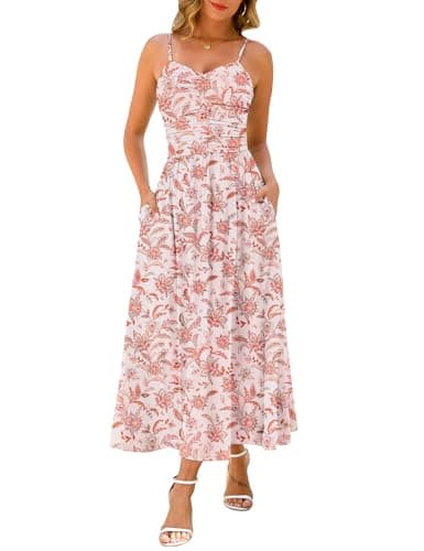 Maggeer Summer Spring Maxi Sundresses for Women 2026 Casual Boho Sleeveless Open Back Flowy Floral Outfits Fashion Hawaiian Beach Wedding Guest Flowy Long Dress Beige M