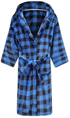 SGMWVB Boys Hooded Bathrobes Girls Soft Plush Fleece Robe Toddler Fuzzy Pajamas Kids Warm Sleepwear Blue Buffalo Plaid 7-8Years