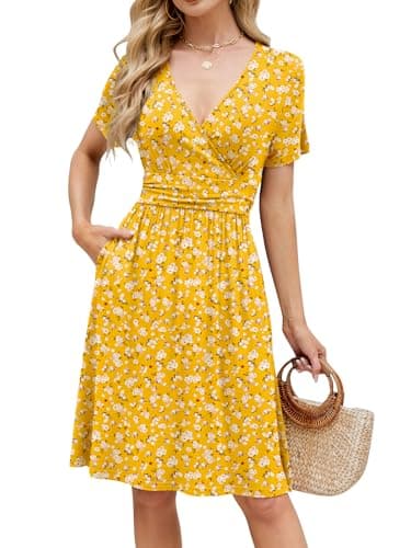 Naggoo Summer Sundresses for Women Casual Faux Wrap V Neck Floral Beach Dress