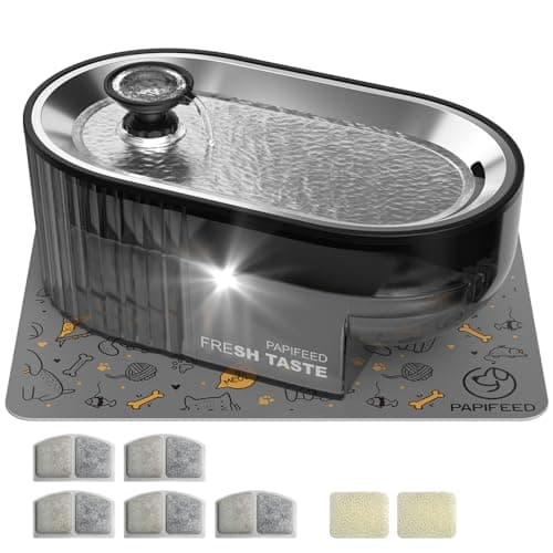 Cat Water Fountain Stainless Steel with a Silicone Mat, 84oz/2.5L Automatic Cat Water Fountain with Water Level Window and LED Light, Quiet Low Power Cat Water Bowl & Cat Water Dispenser(Black)