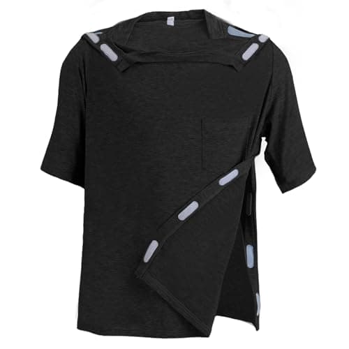 Unisex Post Shoulder Surgery Shirts Recovery Tear Away Short Sleeve Chemo Clothing with Stick On Fasteners, Convenient (US, Alpha, Medium, Regular, Regular, Black)