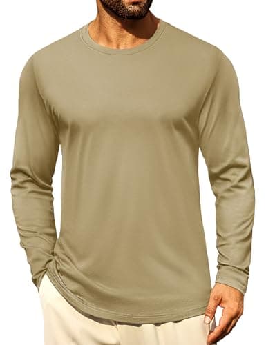 Cotrasen Mens Long Sleeve Tee Shirts Casual Crew Neck Moisture Wicking T-Shirts Lightweight Classic Basic Soft Plain T Shirts Khaki XL