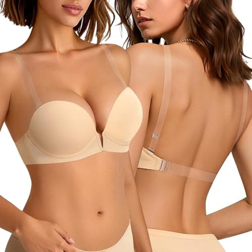Upushall Backless Bra with Clear Straps Push Up Padded Plunge Bras for Women