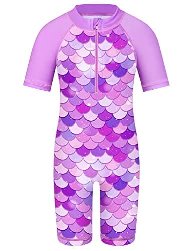 TFJH E Bathing Suits for Girls Swimsuit UV 50+ Short Sleeve Rash Guard Swimwear One Piece Sunsuits Zipper Purple Scale 12A