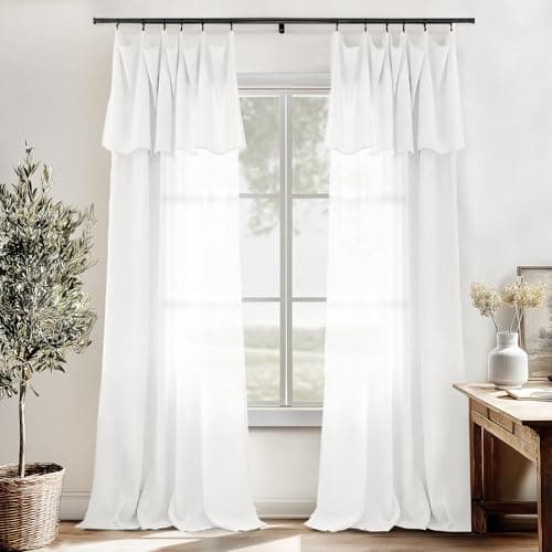 White Ruffle Linen Curtains with Attached Valance for Bedroom, 9FT Floor to Ceiling Coastal Semi Sheer Drapes, Farmhouse Extra Long Fabric Shower Curtain for Bathroom 108 Inch Long 2 Panels Set