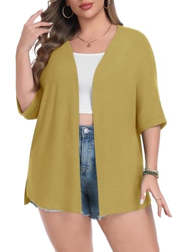 Lastshe Plus Size Cardigan for Womens Rolled Short Sleeve Lightweight Loose Cover Ups Open Front Wrap,Cheese Yellow,2X