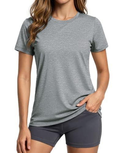 MAGCOMSEN Workout Tops for Women Short Sleeve Moisture Wicking Quick Dry Athletic Hiking Running Gym Soft Shirts Light Grey Medium