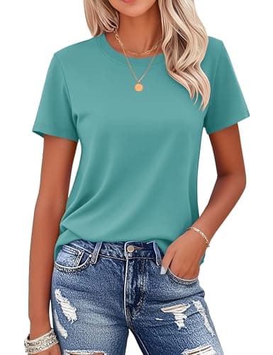 MAGCOMSEN Women's Short-Sleeve T-Shirt Crewneck Classic-Fit Breathable Cotton Shirt Basic Solid Casual Tee Tops, Grey Green, S