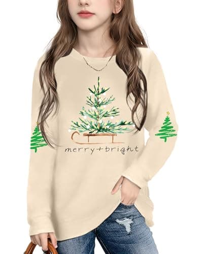 Ithalt Kids Christmas Shirt Boys Girls Merry and Bright Tshirt Xmas Tree Long Sleeve Tops 5-14y(TreeBeige1,130)