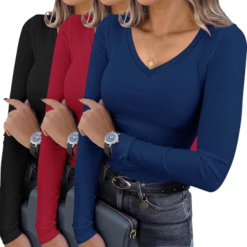 Ekouaer Womens 3 Pack Long Sleeve Shirts V Neck Ribbed Slim Fit Basic Tops Thermal Undershirts Casual Tee Black/Navy/Red Large