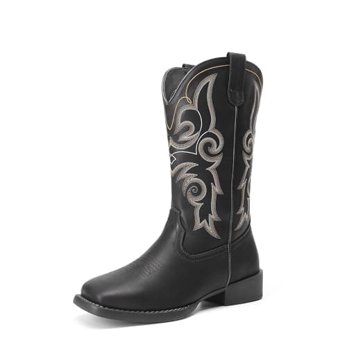DREAM PAIRS Women's Cowboy Cowgirl Boots Embroidered Square Toe Mid Calf Western Boots Fashion Dress Chunky Low Heel Shoes for Theme Party Country Concert,Size 6,Black,DWUMMB2516
