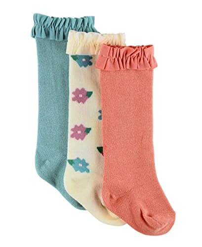 RuffleButts 3-Pack Antique Blue, Floral & Terra Cotta Knee High Socks - 6-12m