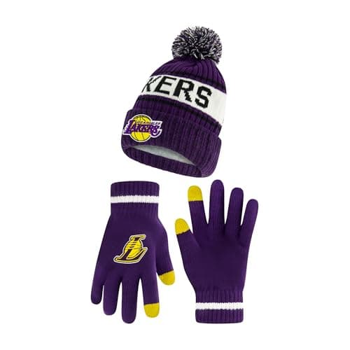 Ultra Game NBA Official Boys Girls Super Soft Winter Beanie Knit Hat with Extra Warm Touch Screen Gloves, Los Angeles Lakers, Team Color, 1SIZE