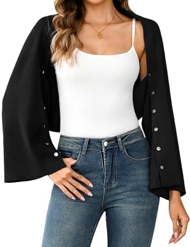 Totatuit Womens Cropped Cardigan Shrug 2-in-1 Convertible Bolero with Button Sleeves 80% Cotton Y2K Knit Wrap Shawl Black