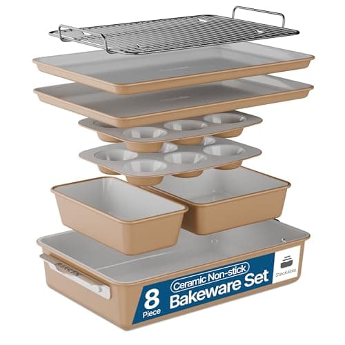 Bakken 8-Piece Stackable Bakeware Set – Ceramic Non-Stick, Oven-Safe Baking Sheets & Pans, PTFE/PFOA/PFOS-Free, Ergonomic Handles, Includes Cooling Rack – Healthy, Non-Toxic Baking Essentials, Gold