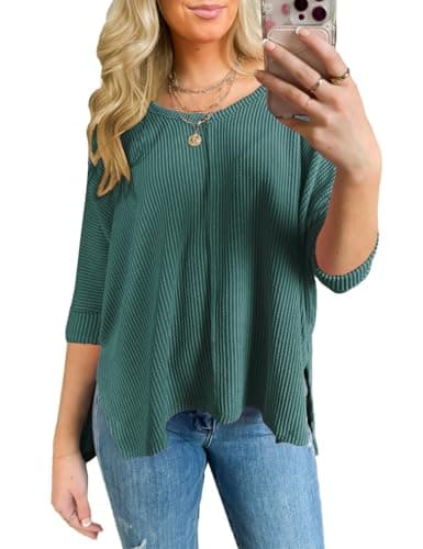 Blouses for Womens Dressy Casual Split High Low Hem 2025 Fall Tops 3/4 Length Sleeve Shirts Loose Fit Tunics Dark Green XXL