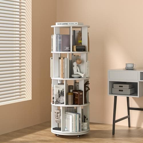 4-Tier Solid Wood Rotating Bookshelf on Wheels, 360° Spinning Book Shelf Tower, Round Revolving Bookcase Organizer, Rolling Bookshelves for Small Spaces, Corner, Bedroom, Kids Room, Office, White