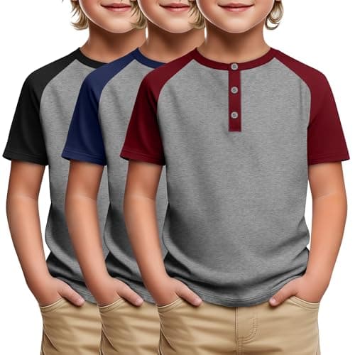 LessonZoo 3 Pack Boys Short Sleeve Raglan T Shirts Kids Henley Shirt Basic Baseball Tops 5-14 Years(Light Gray/Black, Light Gray/Navy Blue, Light Gray/Wine Red,7-8 Years)