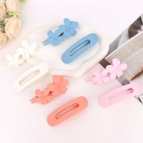 CAVETEE Flat Hair Clips Claw 8 PCS Medium Barrettes Accessories for Women Thin Hair Non-Slip Matte Flower Duck Billed Clip for Daily Use