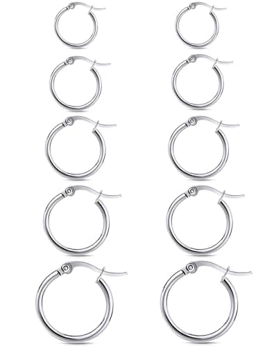 5 Pairs Hoop Earrings for Women Silver Huggie Stainless Steel Earrings Hypoallergenic Lightweight Stackable Cartilage Hoops for Sensitive Ears Multiple Piercing Jewelry (10/12/14/16/20mm)