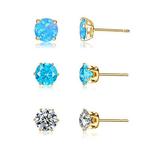 3 Pairs Stud Earrings Set, 14k Gold Plated Blue Opal Studs Hypoallergenic Stainless Steel Cubic Zircon Stud Earrings CZ Diamond Earrings for Women Men for Sensitive Ears