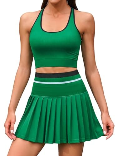 ATTRACO Womens Tennis Outfits 2 Piece Seamless Workout Skirt Sets Mini Skirt with Shorts Green M