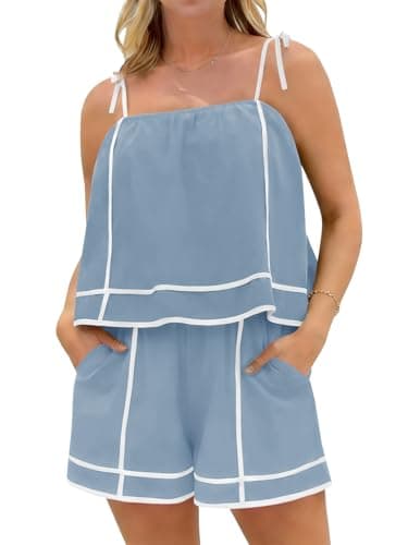 Yousify Women 2 Piece Lounge Sets Summer Casual Tie Strap Vacation Top Shorts Set with Pockets(Blue,Small