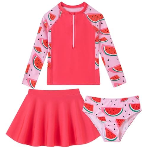Girls Rash Guard 9-10 Years Rose Long Sleeve 3 Piece Swimsuit Set Watermelon Print Hawaii Swimwear Sun Protection Beachwear