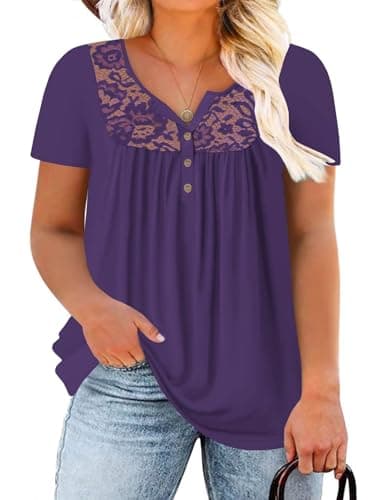 Plus Size Tops for Women XL Loose Fit Henley Shirts Summer Short Sleeve Tunics Purple
